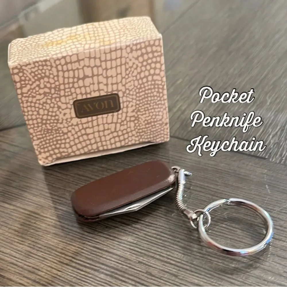 Vintage 1983 Avon Pocket Penknife Keychain Brown Simulated Leather